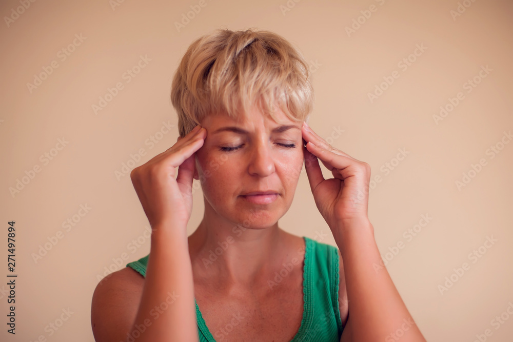 Woman feels strong headache isolated. People, healthcare and medicine concept