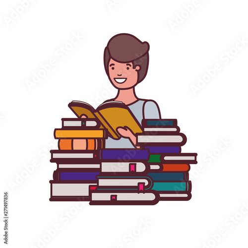student boy with reading book in the hands
