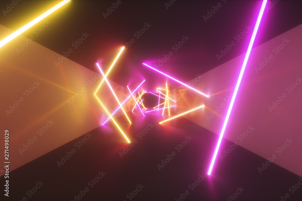 Abstract flying in futuristic corridor,3d illustration, fluorescent ultraviolet light, glowing colorful laser neon lines, geometric endless tunnel, blue pink spectrum, 3d render Abstract flying in futuristic corridor,3d illustration, fluorescent ultraviolet light, glowing colorful laser neon lines, geometric endless tunnel, blue pink spectrum, 3d render
