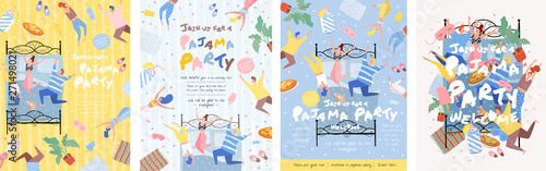 Pajama party! Vector poster, cover or banner for a fun event. Painted illustration of people in pajamas on the bed in the bedroom, party invitation. photo