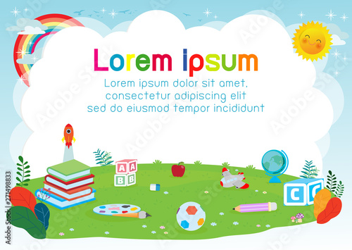 back to school, education concept, school supplies on the grass, Template for advertising brochure, your text,Kids and frame,child and frame,Vector Illustration,