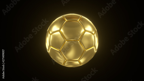 3d illustration of a golden ball. Rotation of a golden soccer ball on black isolated background.