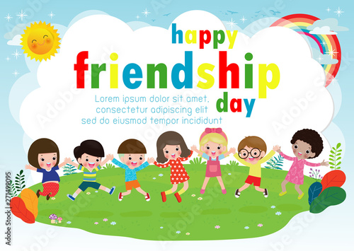 Happy friendship day greeting card with diverse friend group of Children Holding hands and jumping on a meadow for special event celebration background poster Template for advertising brochure Vector