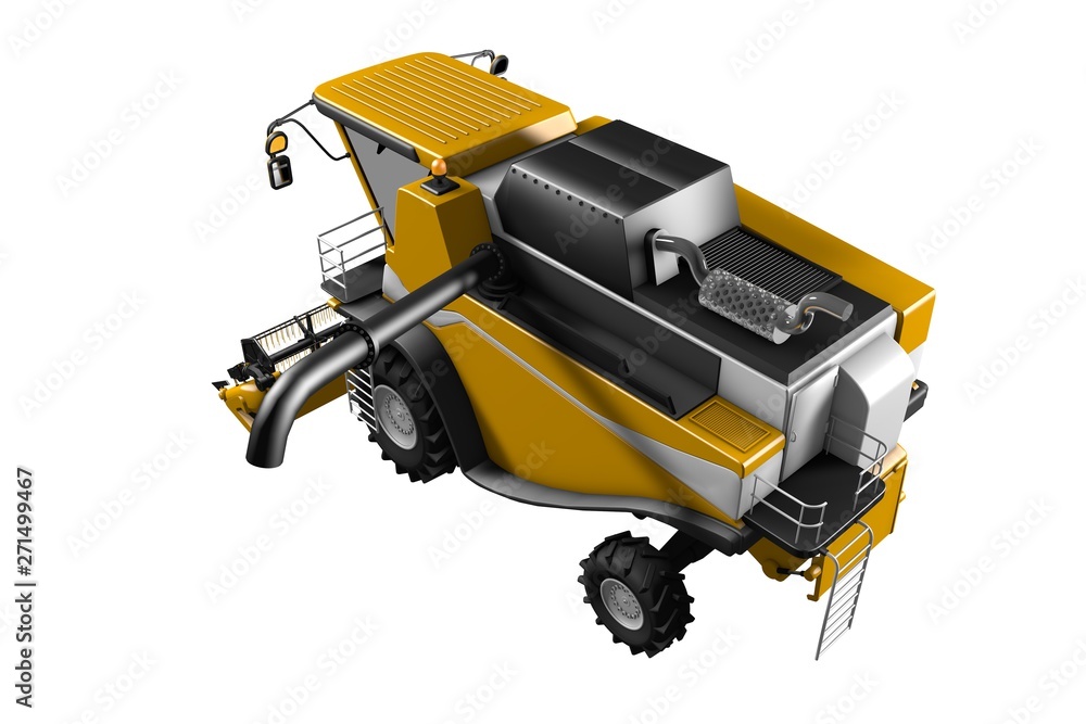 industrial 3D illustration of big rendered yellow farm agricultural combine harvester with harvest pipe detached rear top view isolated on white