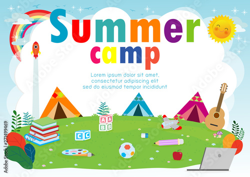 kids summer camp education Template for advertising brochure, children doing activities on camping, summer camp kids poster flyer template, your text ,Vector Illustration