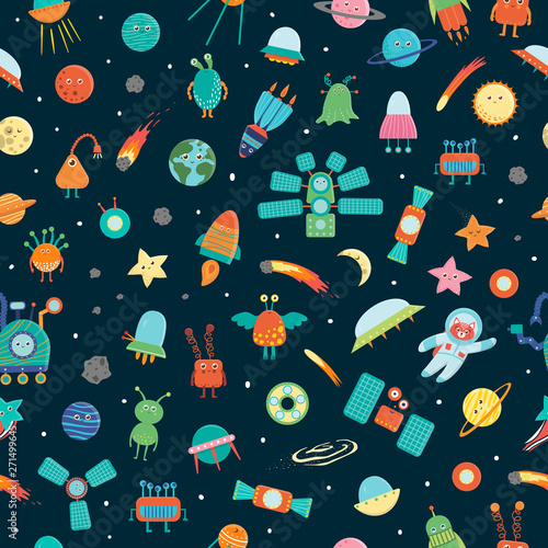 Vector seamless pattern of space objects. Bright and cheerful repeat background with planet, star, spaceship, satellite, moon, sun, asteroid, astronaut, alien, UFO
