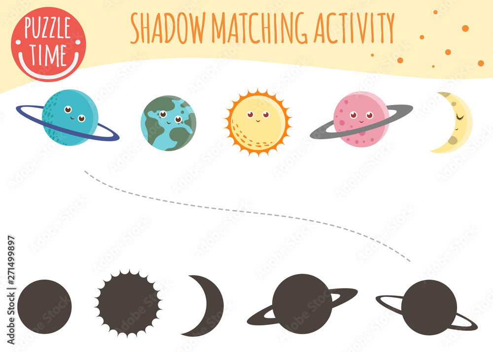 Shadow matching activity for children. Space topic. Cute funny planets.