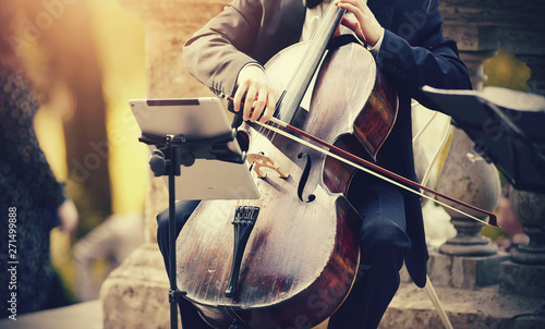 The musician plays the cello.