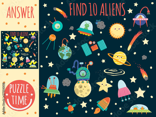 Searching game for children with planets, aliens and ufo. Space topic. Cute funny smiling characters. Find hidden aliens.