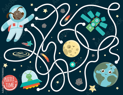 Maze for children. Preschool space activity. Puzzle game with the Earth, astronaut, moon, alien, star, space ship. Cute funny smiling characters.