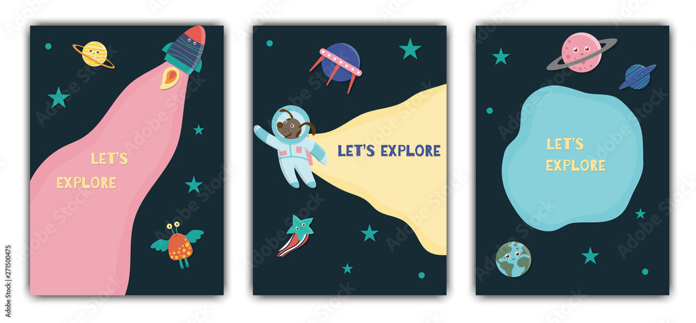 Vector space card template. Banner with galaxy, stars, astronaut, alien, planet, spaceship for children. Cute flat illustration.