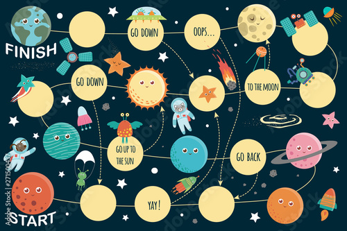 Space board game for children. Educational cosmic journey boardgame. Puzzle with planets, sun, earth, ufo, alien, rocket, stars