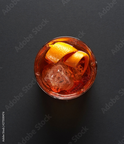Negroni cocktail with ice, top view