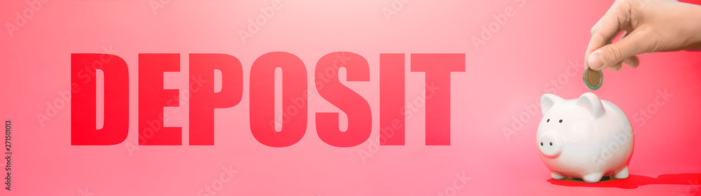 Image of piggy bank , hands with coin and word on red background Image of piggy bank , hands with coin and word on red background
