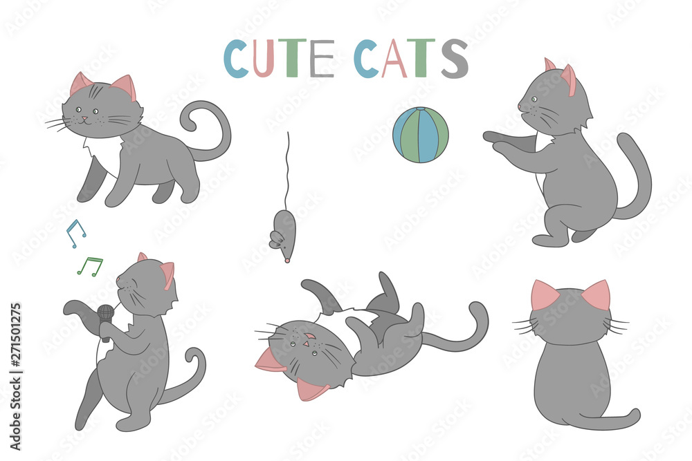 Vector set of cute cartoon style cat in different poses. Animal character illustration for children. Hand drawn line drawings of funny kitten. Big collection of pets for kids, coloring, animation..