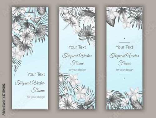 Vector bookmarks with tropical leaves, plumeria, strelitzia and hibiscus flowers on blue background. Summer or spring tropical vertical templates. Trendy exotic jungle design
