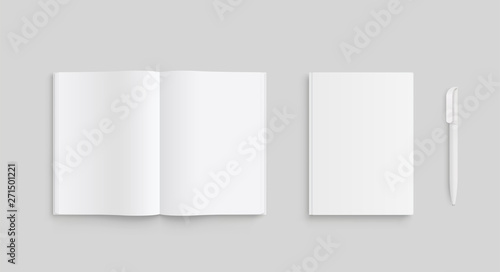 Realistic set of white paper or laptop and pen. Front view. - stock vector.