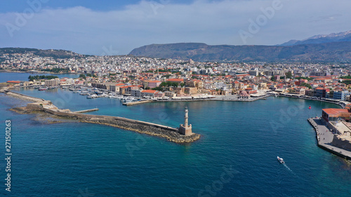 Wallpaper Mural Aerial drone panoramic view of iconic and picturesque Venetian old port of Chania with famous landmark lighthouse and traditional character, Crete island, Greece Torontodigital.ca