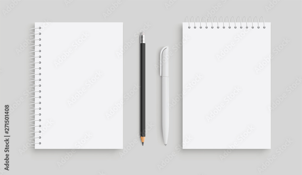Realistic vector notebook and white pancil, pen. Front view. - stock vector. - obrazy, fototapety, plakaty 