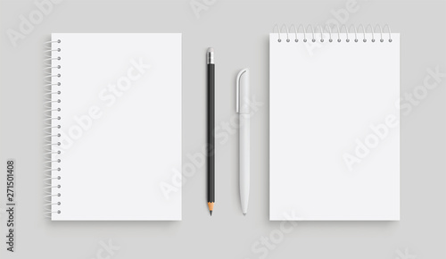 Realistic vector notebook and white pancil, pen. Front view. - stock vector.