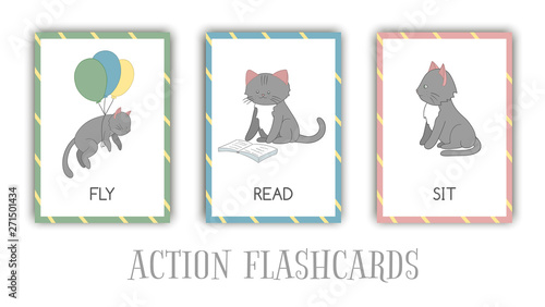 Vector set of actions flash cards with cat. Cute character flying, reading, sitting. Cards for early learning. .