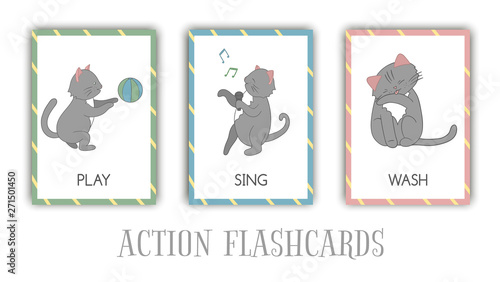Vector set of actions flash cards with cat. Cute character playing, singing, washing. Cards for early learning. .