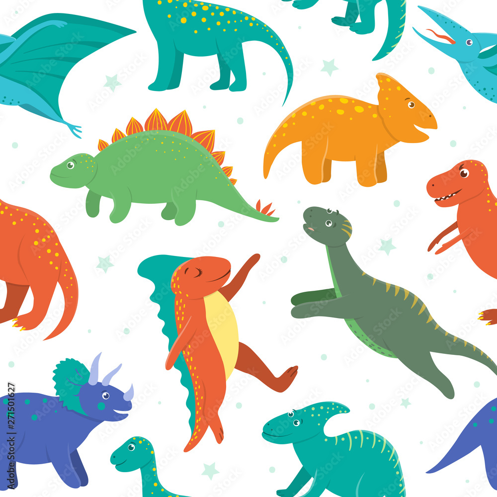 Vector seamless pattern with cute dinosaurs on white background. Funny flat dino characters background. Cute prehistoric reptiles illustration. Vector seamless pattern with cute dinosaurs on white background. Funny flat dino characters background. Cute prehistoric reptiles illustration.