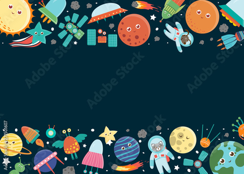 Vector space frame template. Horizontal border banner with galaxy, stars, planets, rocket for children. Cute flat illustration.