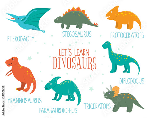 Vector set of cute dinosaurs with names isolated on white background. Funny flat dino characters. Cute prehistoric reptiles illustration.