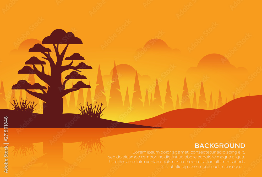 Vector illustration of beautiful landscape view. Mountains and forest, morning background. Sunrise and sunset in mountains