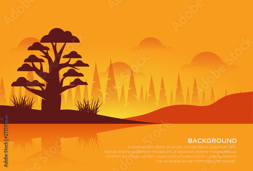 Vector illustration of beautiful landscape view. Mountains and forest  morning background. Sunrise and sunset in mountains
