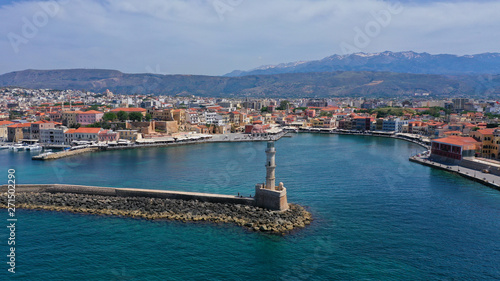 Wallpaper Mural Aerial drone panoramic view of iconic and picturesque Venetian old port of Chania with famous landmark lighthouse and traditional character, Crete island, Greece Torontodigital.ca