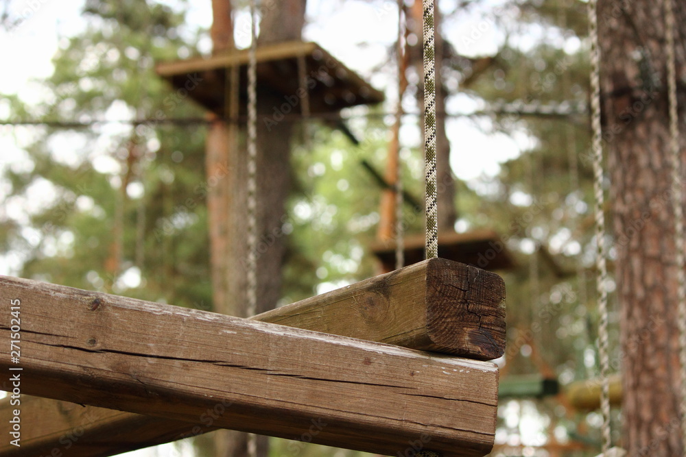 Outdoor rope park in forest in summer day, climbing sports Outdoor rope park in forest in summer day, climbing sports