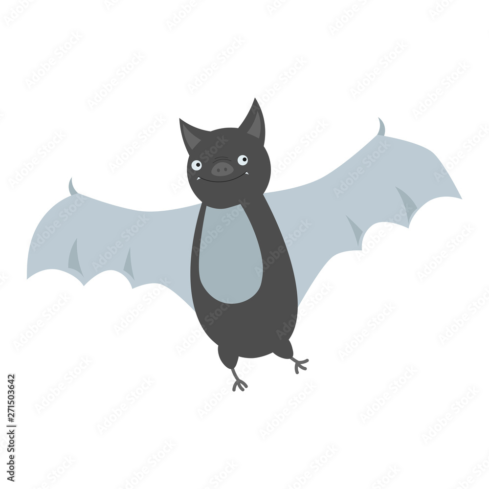 Obraz premium Cartoon bat Halloween character smiling in flight on white background.