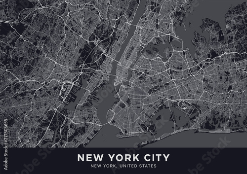 New York City (NYC, NY) map. Dark poster with map of New York City (New York, United States). Highly detailed map of The "Big Apple" with water objects, roads, railways, etc. Printable poster.