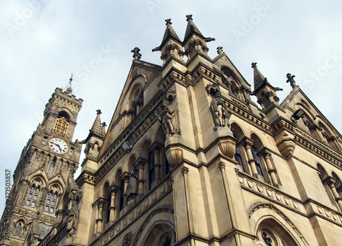 close up view of bradford city hall in west yorkshire a victorian gothic revival sandstone building with statues and clock tower