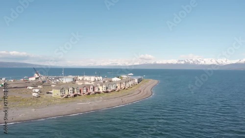 Spectacular views of Kachemak bay and the busy Homer Alaska boat harbor on the spit.