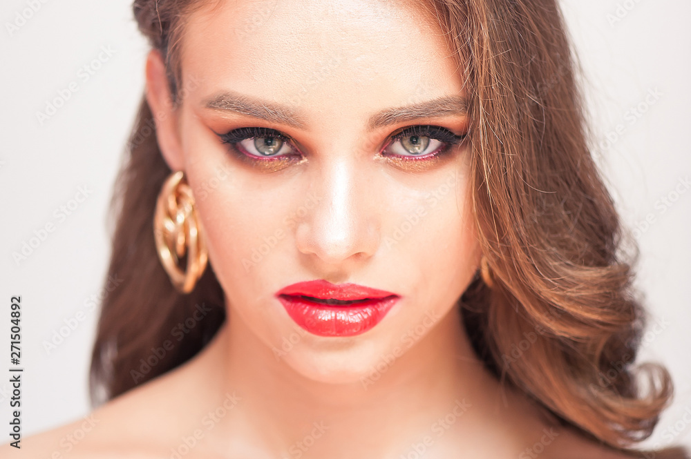 Beautiful Woman With Beauty Makeup On Face Red Lipstick On Lips And Glamourous Look Beautiful Woman With Beauty Makeup On Face Red Lipstick On Lips And Glamourous Look