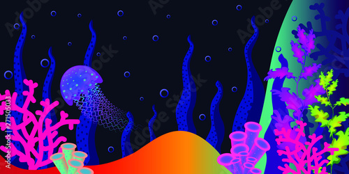 Bright neon underwater world. Medusa on the background of algae and corals. Vector illustration.