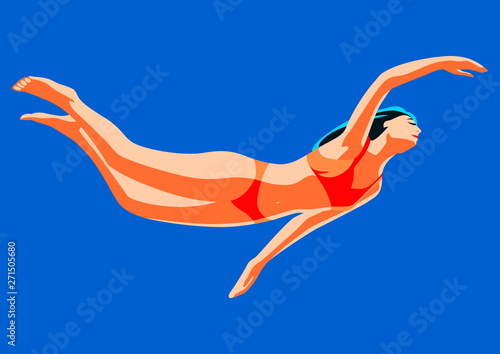 Young tanned beautiful woman in a swimsuit swims in the water. Summer holiday bright vector illustration