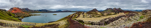 360 degrees panoramic view of colorful rhyolite volcanic mountains Landmannalaugar, Frostastadavatn Highland lake and reddish crater Stutur as pure wilderness in Iceland