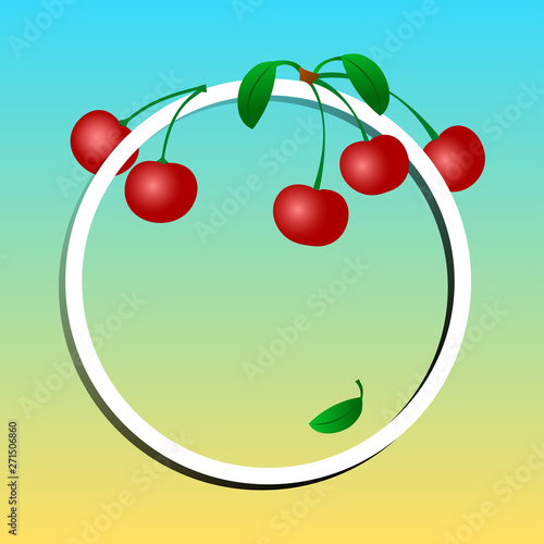 Summer background. Fruit banner, cherries on round frame for your text. Vector illustration