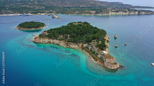 Aerial drone photo of famous Venetian fortified islet of Souda featuring small chapel of Agios Nikolaos, Chania, Crete island, Greece photo