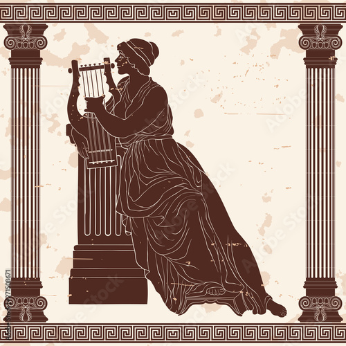 An ancient Greek woman sits with a harp and plays music.