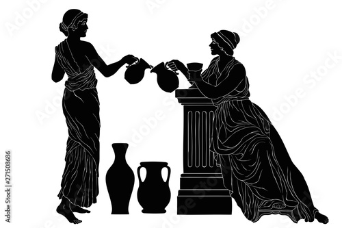 Two ancient Greek women in a tunic with a jug and a glass in their hands. Vector image isolated on a white background.