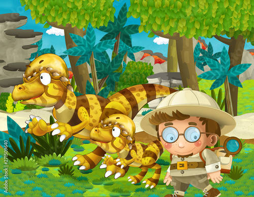 Fototapeta Naklejka Na Ścianę i Meble -  cartoon scene with dinosaur and some professor in the jungle - illustration for children