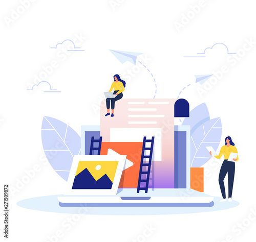 Content Management concept in flat design. Creating, marketing and sharing of digital - vector illustration.