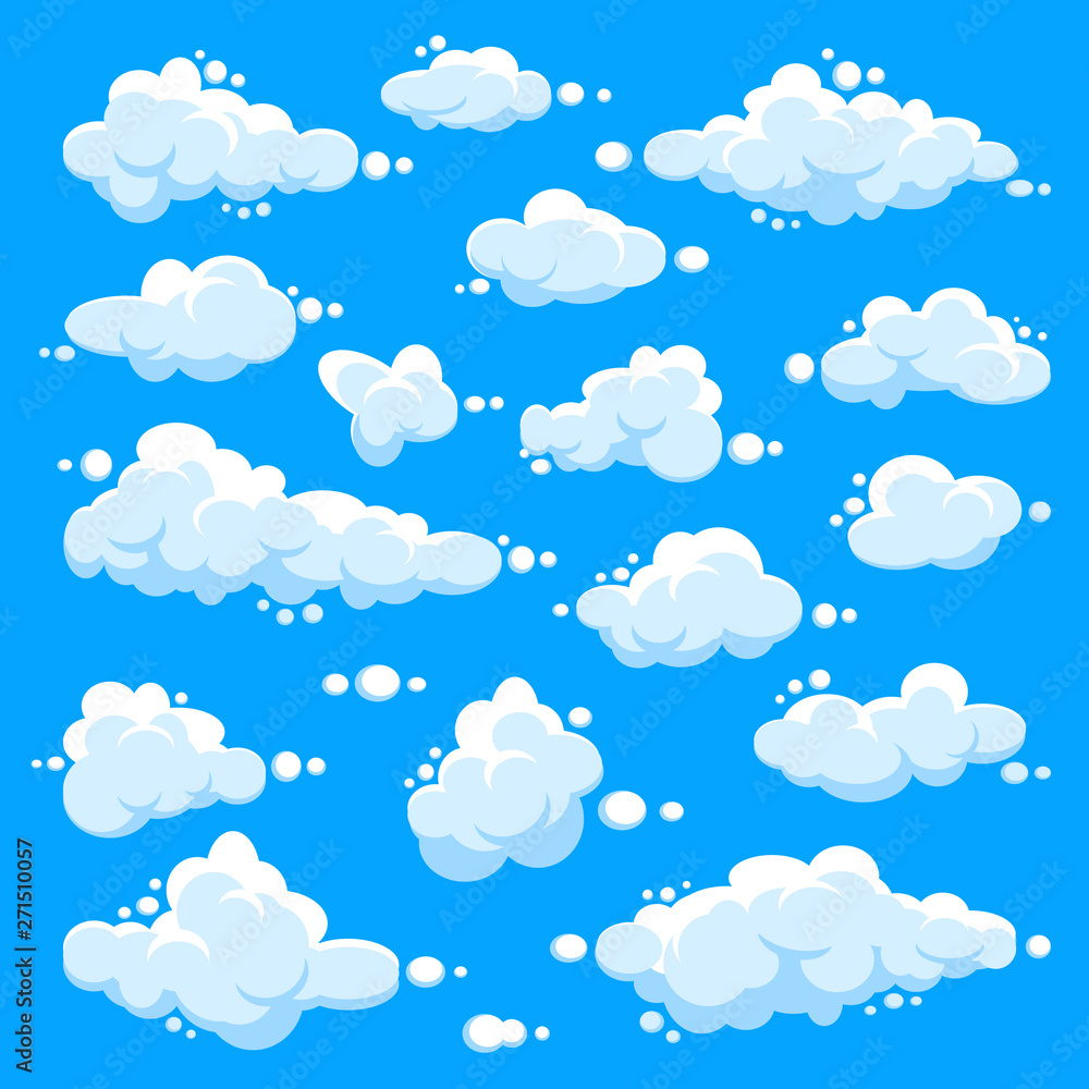 White clouds set. Abstract blue summer sky. Simple cartoon cloud. Vector illustration. White clouds set. Abstract blue summer sky. Simple cartoon cloud. Vector illustration.