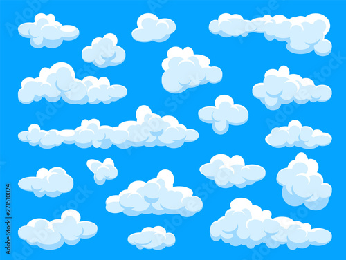 White clouds set. Abstract blue summer sky. Simple cartoon cloud. Vector illustration.