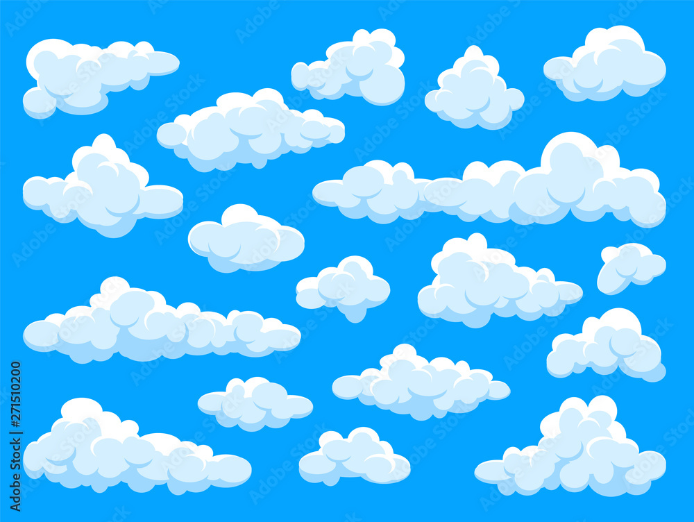 White clouds set. Abstract  blue summer sky. Simple cartoon cloud. Vector illustration.